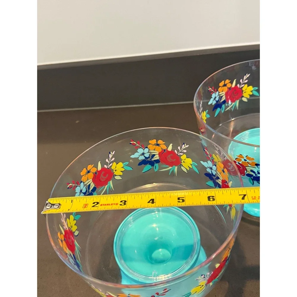 Pioneer Woman Birthday Floral Footed Snack Bowls Set of 2 Turquoise Melamine